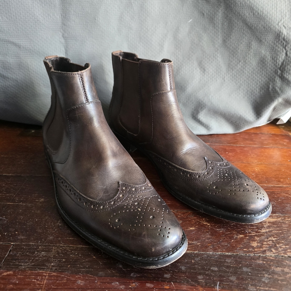 John Varvatos Men Brown Leather Chelsea Long Wing Brouge Boots